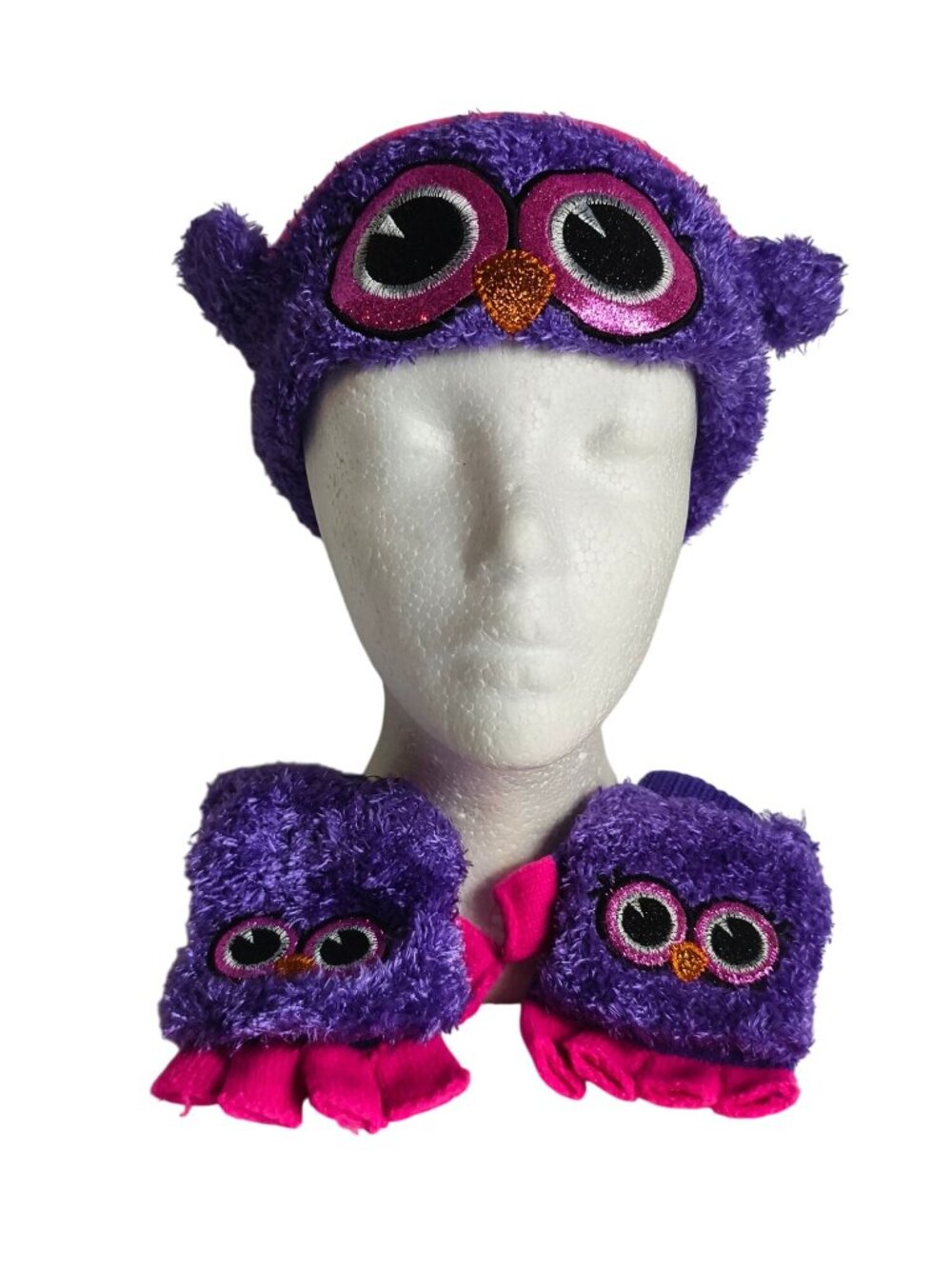 Girls Headwrap Flip Top Gloves Set Purple Owl Fuzzy OS Winter Headband Soft Cozy
